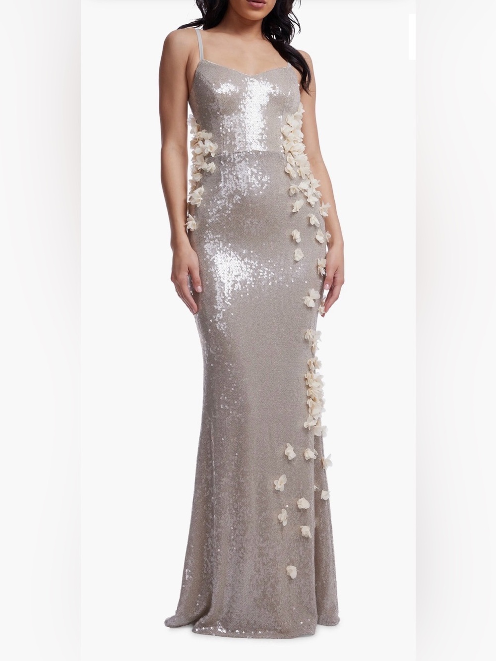 Dress The Population Giovanna Floral Appliqué Sequin Gown Champagne Size S $468